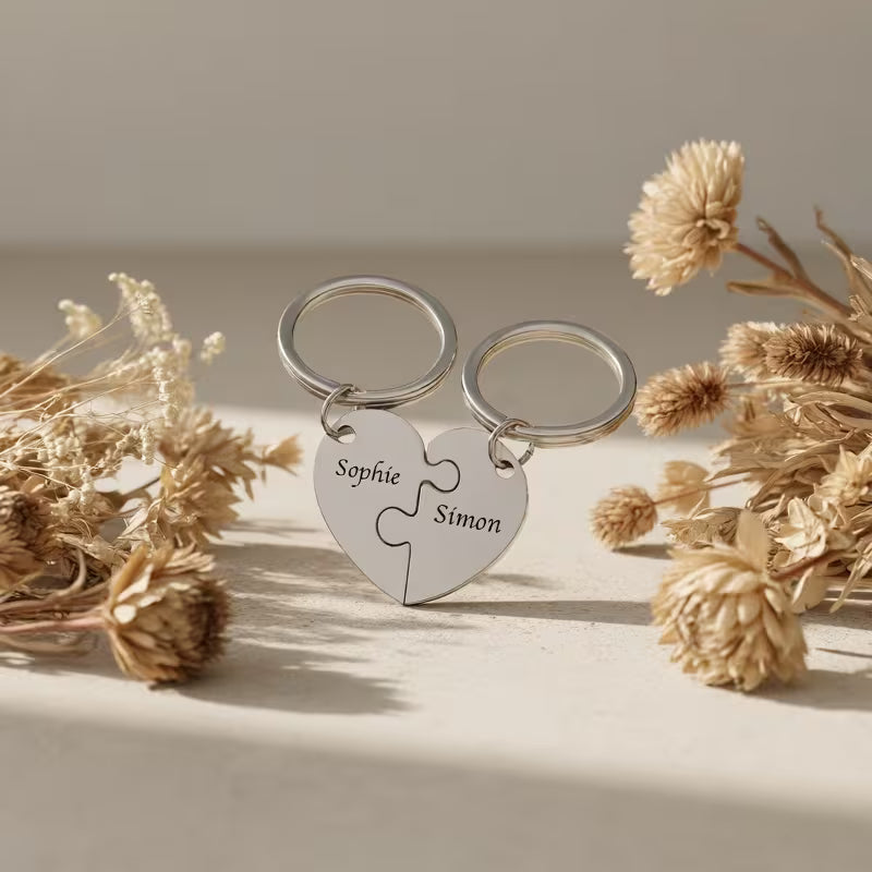 Personalized Heart Puzzle Keychain Set